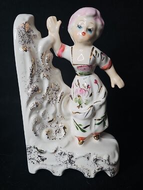 Vintage Hand-Painted White Ceramic Figurine with Pink Accents